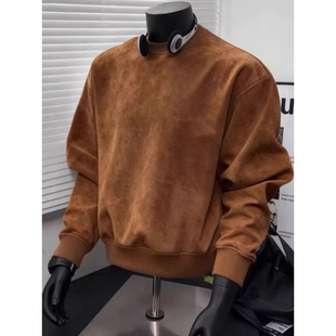 上衣 复古麂皮绒圆领卫衣男潮流ins宽松百搭长袖 大码 300斤秋冬美式