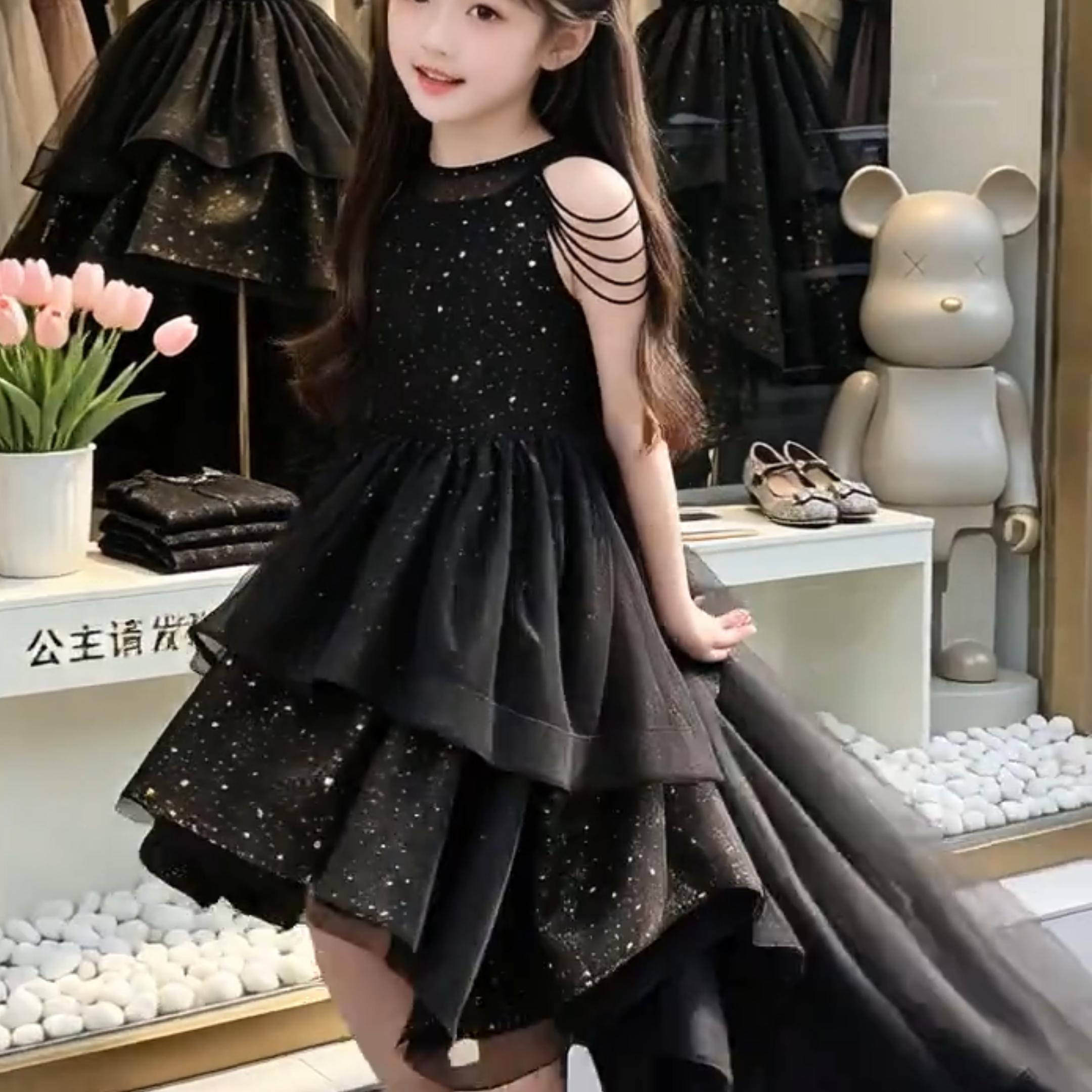 高端儿童生日晚礼服黑色公主裙钢琴女童演出服主持人花童走秀礼服
