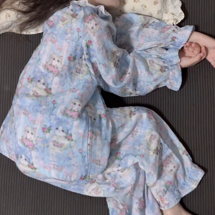 儿童家居服套装可爱碎花睡衣儿童女孩双层棉纱花边女宝宝睡衣春秋