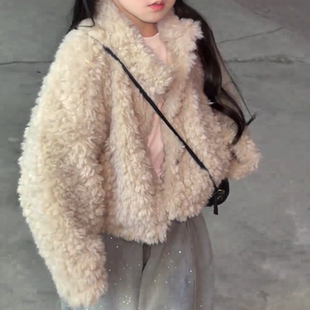 2025新款冬季女童羊羔毛短款外套洋气加绒加厚宽松仿皮草棉服大衣