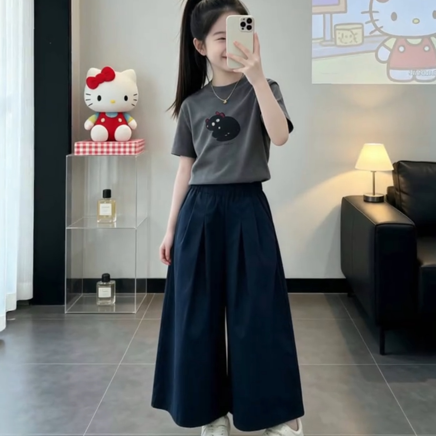 女童夏季套装2026新款清凉印花短袖T恤百搭街头休闲风黑色阔腿裤