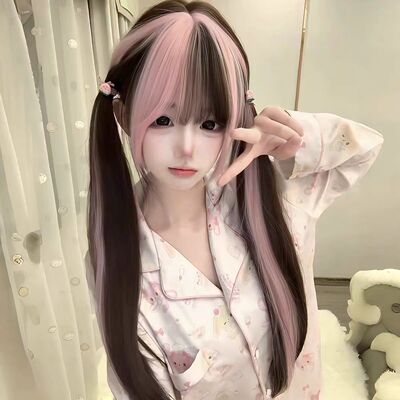 假发女洛丽塔巧克力挑染粉长发