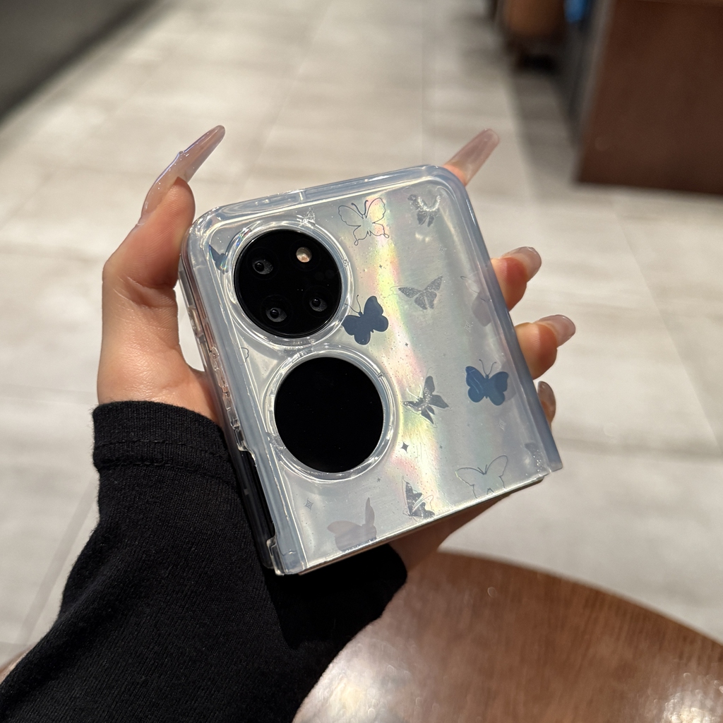 个性女款渐变镭射蝴蝶适用华为Pocket2手机壳折叠屏PocketS新款小众高级感银色P50Pocket硅胶保护套S全包防摔