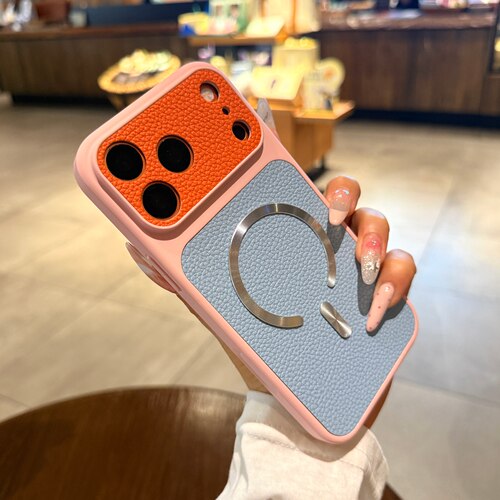 荔枝皮纹秒变17适用iphone17pro磁吸手机壳苹果16promax新款粉橙蓝拼接撞色15PM全包13情侣高级感14保护套女