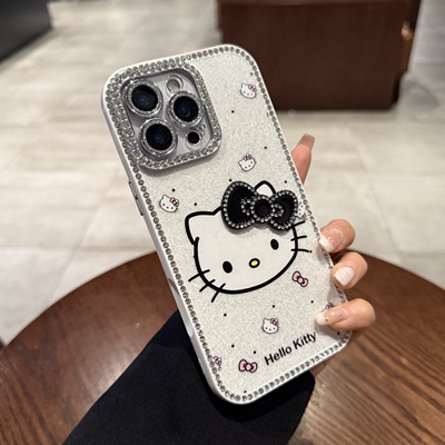 立体蝴蝶结KT猫适用苹果16pro手机壳闪粉iPhone15promax新款轻奢镶钻14气质白13PM可爱女plus镜头全包保护套