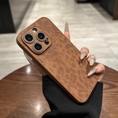 美拉德棕色豹纹适用iPhone16promax手机壳14苹果15pro秋冬新款plus闪粉镜头膜全包13por网红女12高级11保护套