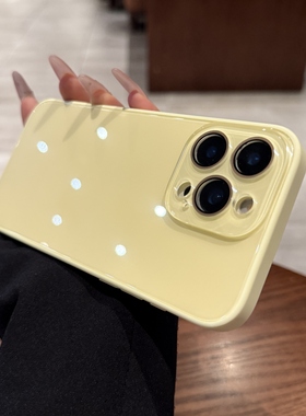 奶黄色玻璃壳适用苹果16promax手机壳iPhone15pro新款14全包带镜头膜12por情侣11PM简约纯色13保护套小众高级