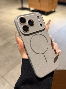 钛灰色荔枝纹适用苹果17promax手机壳iphone16pro磁吸充电Air新款细圈15全包镜头膜14plus情侣12高级13保护套