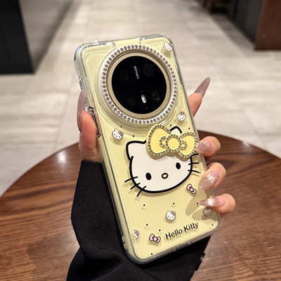 卡通可爱凯蒂猫kt适用华为mate60pro手机壳P70闪钻镜头框mate70新款奶黄色pro+奢华镶钻蝴蝶结女pura70保护套