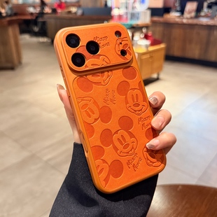 秒变17大视窗星宇橙色素皮适用苹果17pro手机壳iPhone16promax新款 卡通米奇15高级14带相机按键13保护套男女