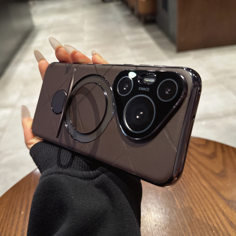 支点壳适用华为Pura70手机壳磁吸带支架P70Pro＋外壳新款深棕色素皮纹P70保护套Ultra全包镜头膜pure防摔男士