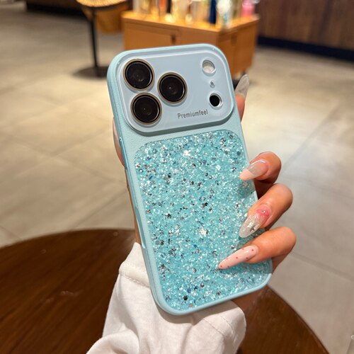 湖蓝色bling亮片闪粉适用苹果17promax手机壳iphone16pro高级感新款15秒变17大视窗镜头全包14防摔女13保护套
