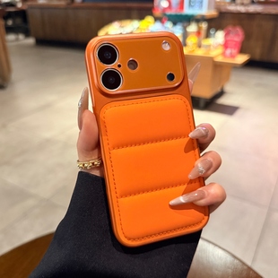 星宇橙色羽绒服适用苹果17promax手机壳iphone16promax冬季新款15pro秒变17大视窗镜头14高级感13保护套情侣