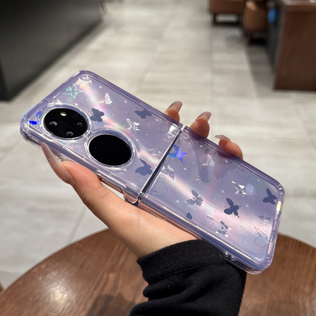 ins网红女款紫色蝴蝶适用华为Pocket2手机壳P50 Pocket折叠屏保护套PocketS高级感镭射渐变全包防摔硅胶软套S