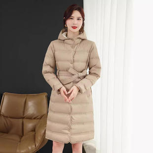 秋冬连帽压胶款白鸭绒收腰显瘦腰带中长款羽绒服女外套潮50%