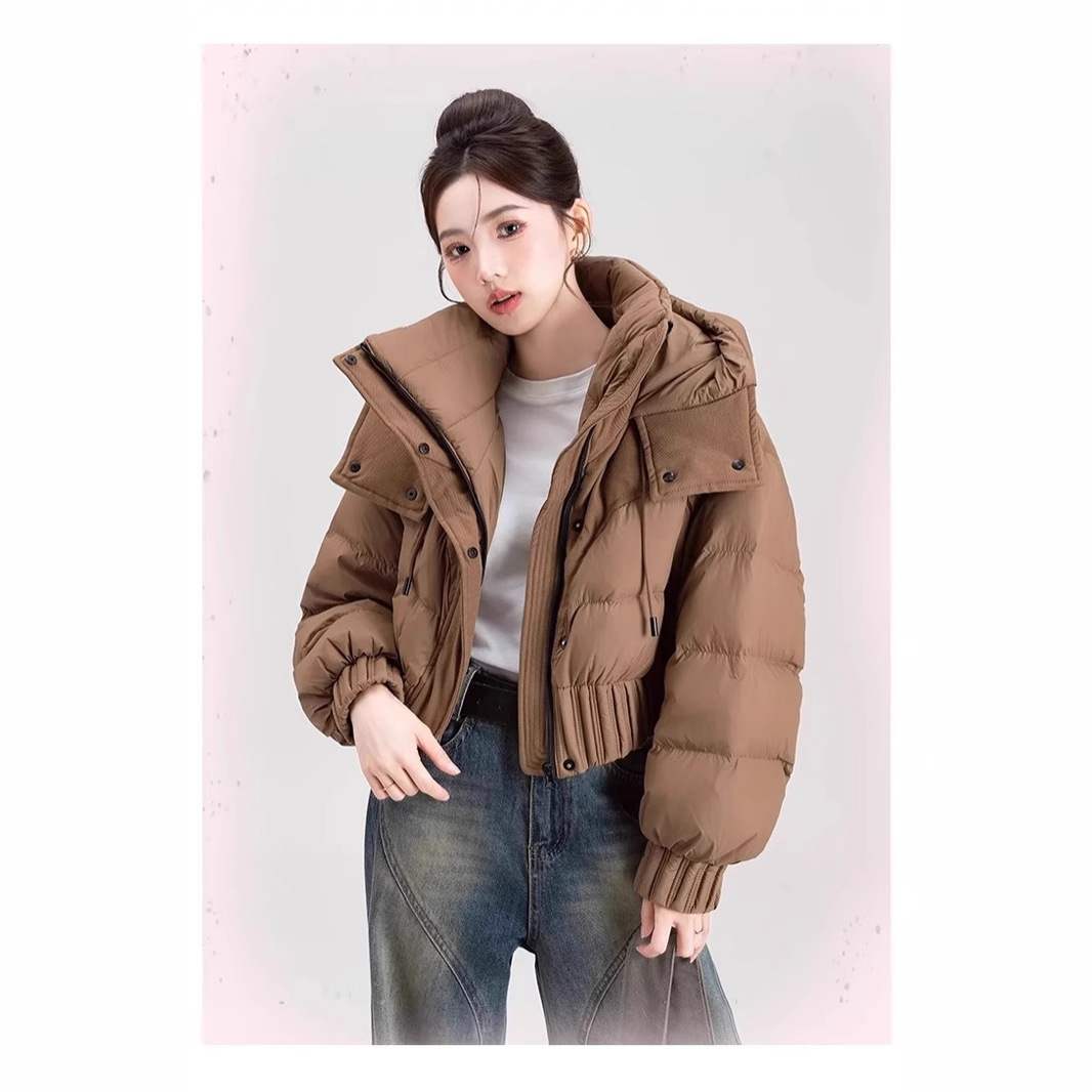 恩泽白鸭绒短款羽绒服女2024冬季小个子连帽设计感保暖外套潮长袖