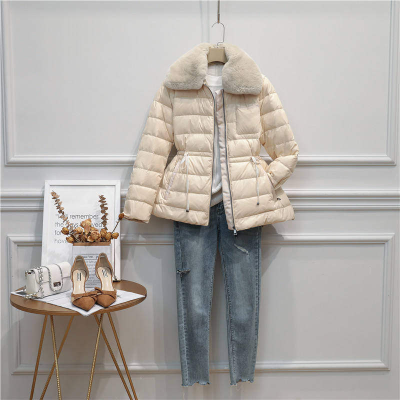 羽绒服女冬季轻薄修身收腰短款小个子兔毛领时尚外套潮学院风