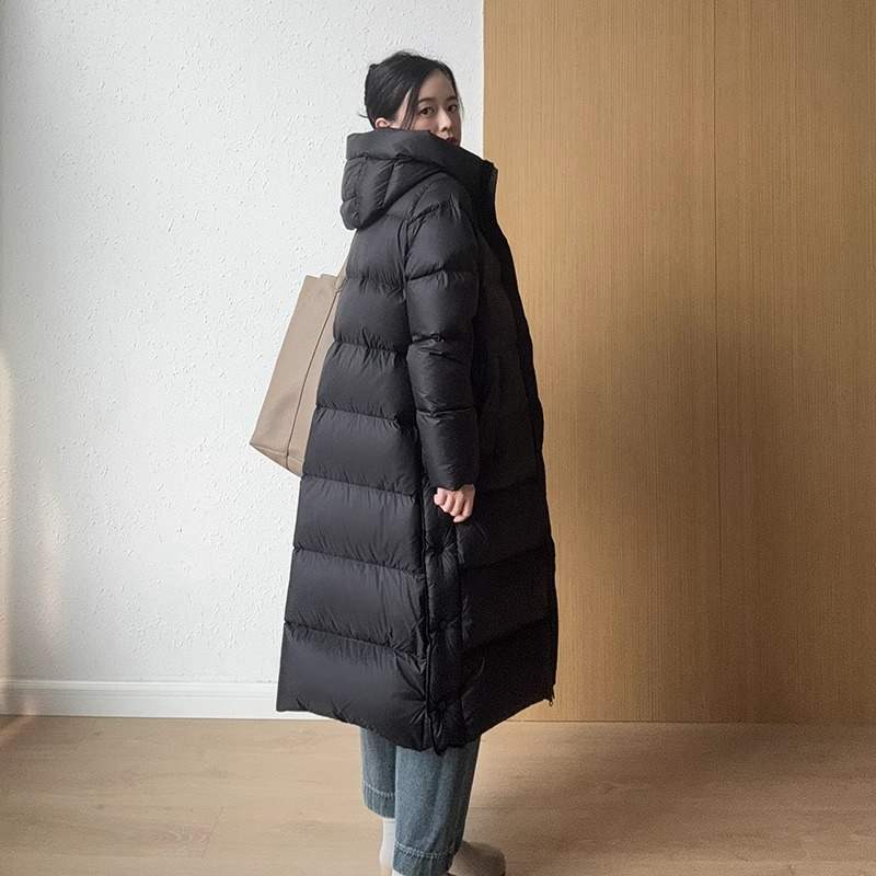 羽绒服女2024中长款白鸭绒高级感简约时尚长款过膝连帽外套冬长袖