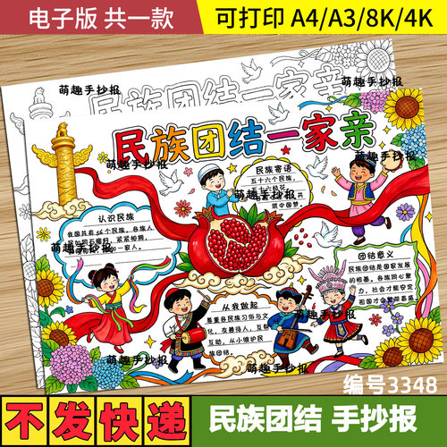 民族团结一家亲手抄报中华民族大团结小学生线稿可打印素材模板