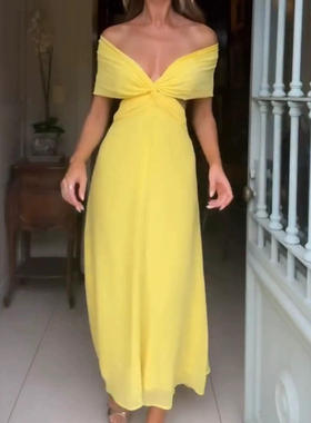 欧美亚马逊性感无袖结修身黄色连衣裙高腰涤纶单件2024年春季