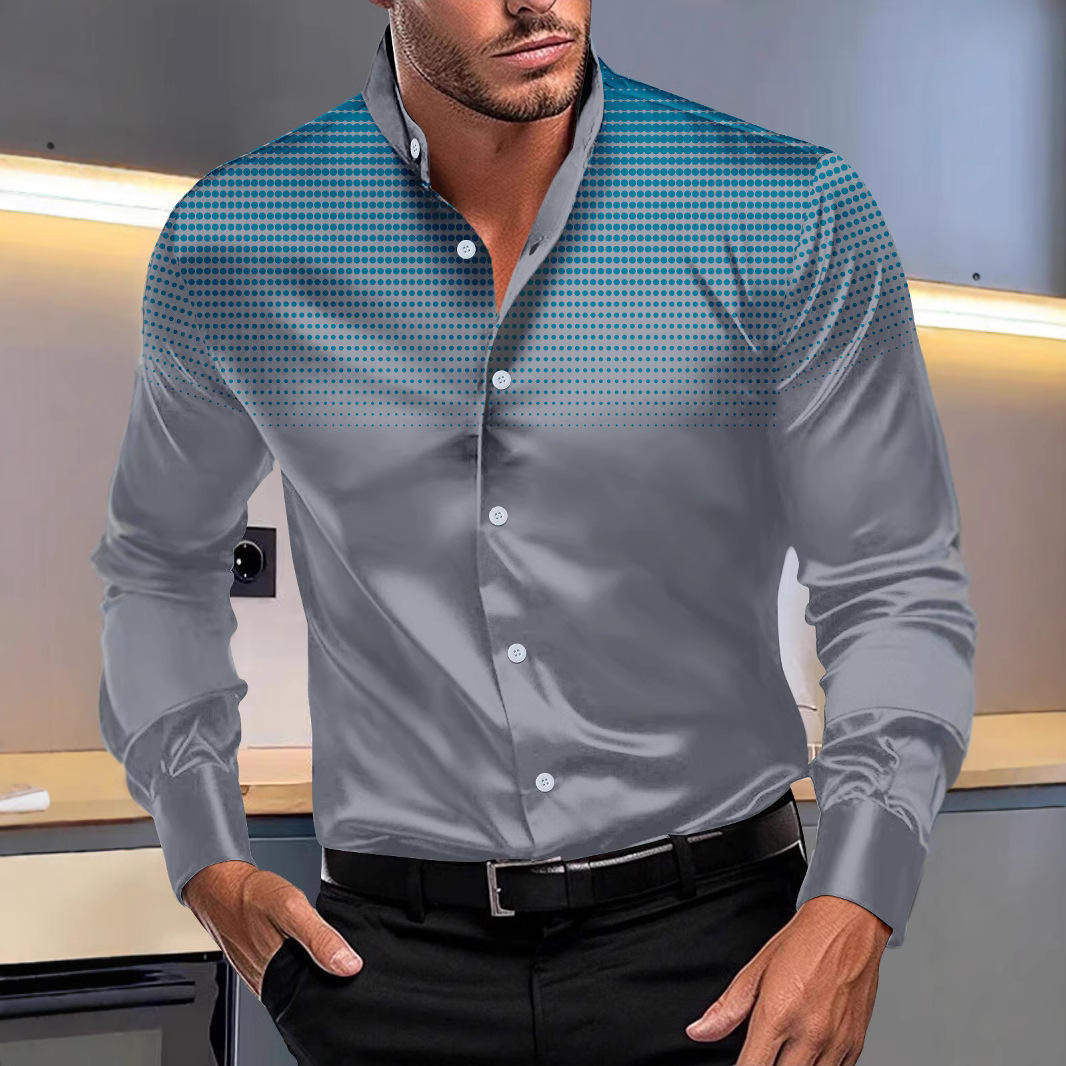 春秋欧美男士四面弹圆点印花日常休闲立领长袖衬衫春秋季常规开衫