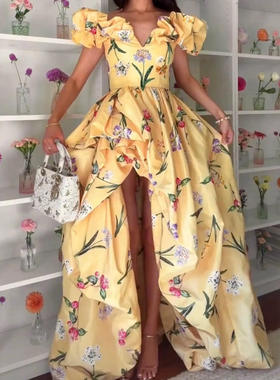欧美性感亚马逊黄色印花泡泡袖连衣裙2025年春季ppy25042409