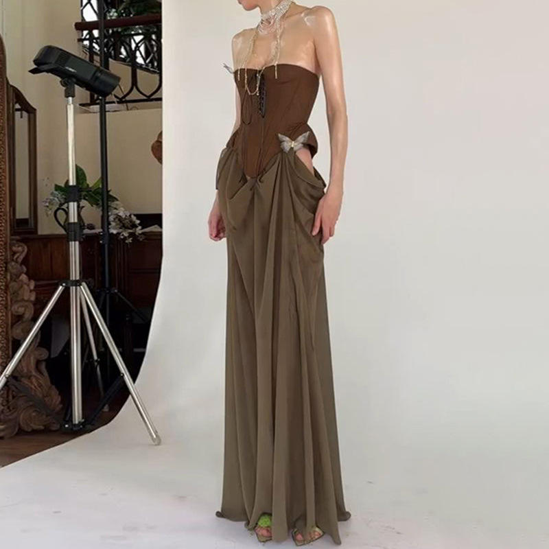 欧美性感纯欲风礼服裙2025夏季抹胸鱼骨束腰高级感连衣裙女A字裙