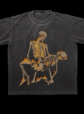 TH1RT3EN 夏季新款火焰骷髅重磅水洗做旧短袖黑色纯棉圆领男女T恤