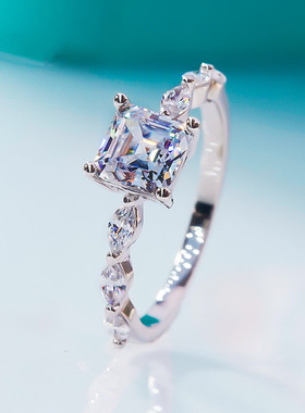 PT950铂金公主方钻戒美国进口D色莫桑石原创设计小众方糖微镶排戒