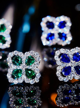 PT950纯铂金新款美国进口D色莫桑石满钻微镶蓝色四瓣花绿色耳钉