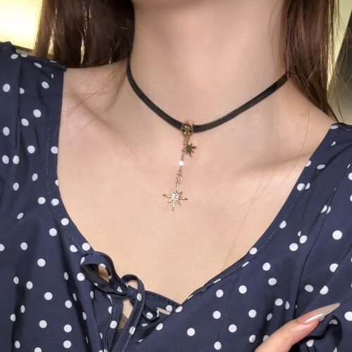 甜酷美拉德八芒星choker颈链pu皮项链女小众设计感高级项圈锁骨链