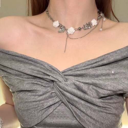 法式白色花朵蝴蝶珍珠流苏项链女轻奢小众高级感choker锁骨链颈链