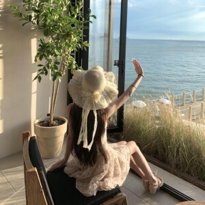 原创手工双层蝴蝶结度假草帽女夏季防晒遮阳大帽檐海边度假草帽