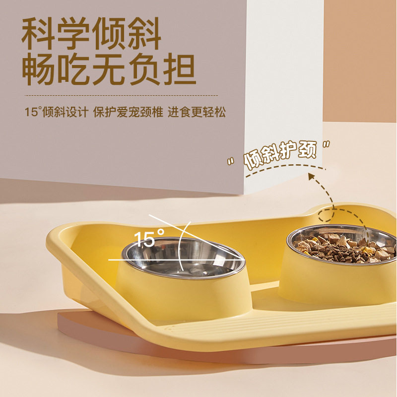 猫狗食具护颈倾斜防漏双碗食具塑料不锈钢宠物餐盘宠物用品狗食盆
