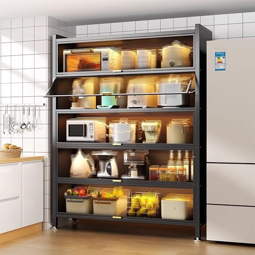 厨房置物架落地多层收纳柜子微波炉家用带门多功能橱柜防尘储物柜