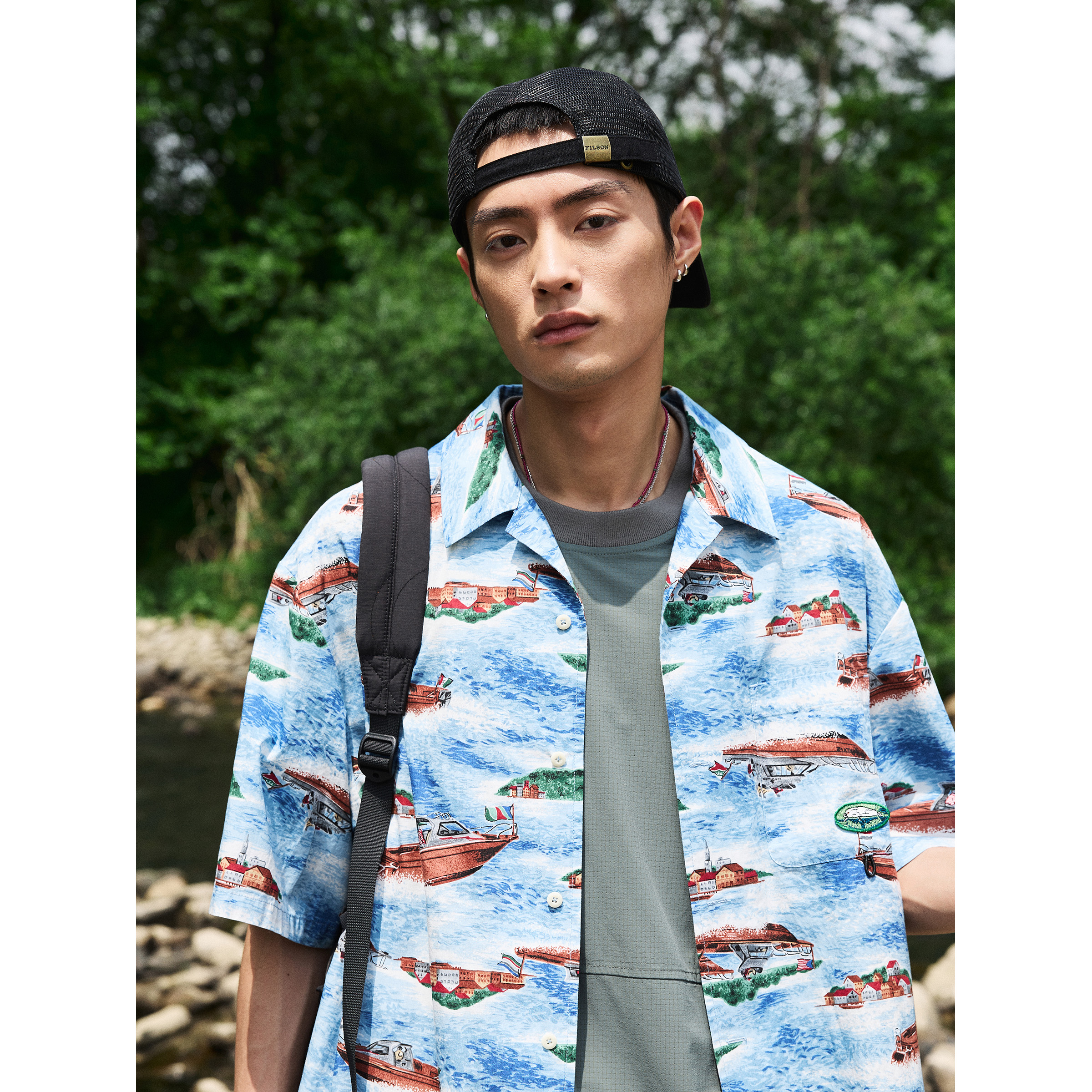 飞蝇主题钓鱼印花衬衫短袖