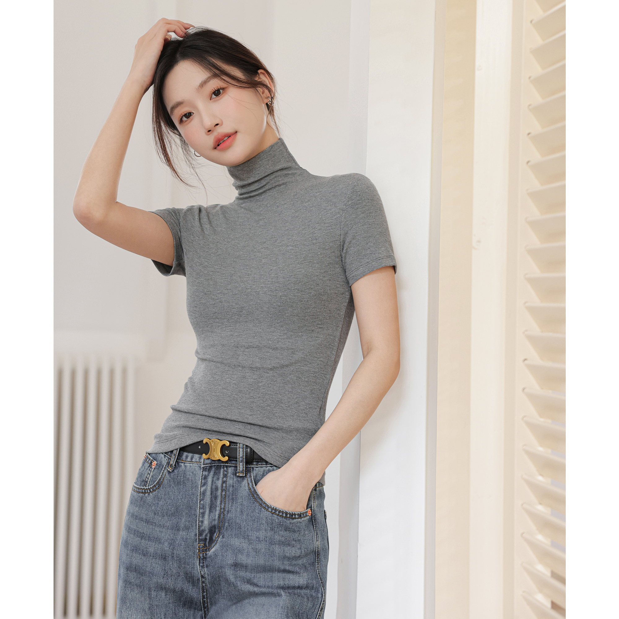 高领打底衫女修身显瘦2024新款洋气 螺纹T恤正肩短袖灰色紧身上衣