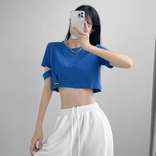 克莱茵蓝色超短款 T恤 上衣女夏美式 ins潮性感高腰露脐纯棉宽松短袖