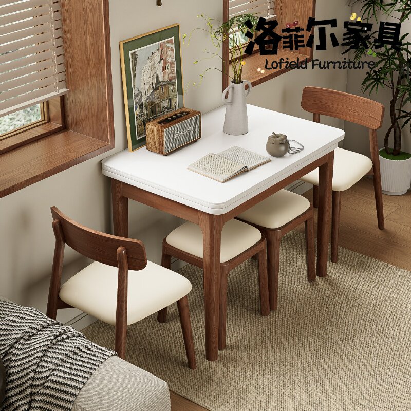 复古风岩板家用实木餐桌椅组合小户型折叠多功能靠墙方形胡桃饭桌
