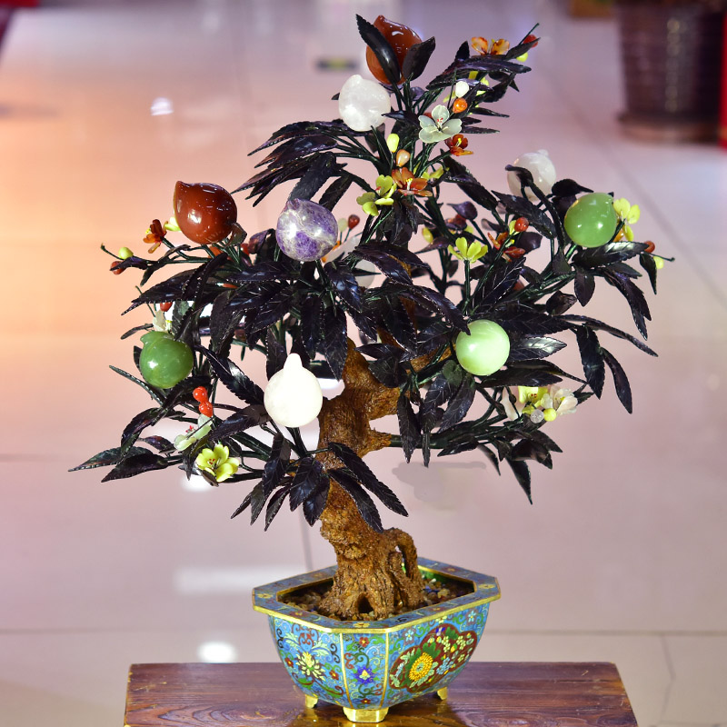 北京景泰蓝纯手工铜胎掐丝珐琅花盆老厂玉石盆景《寿桃》生日礼品
