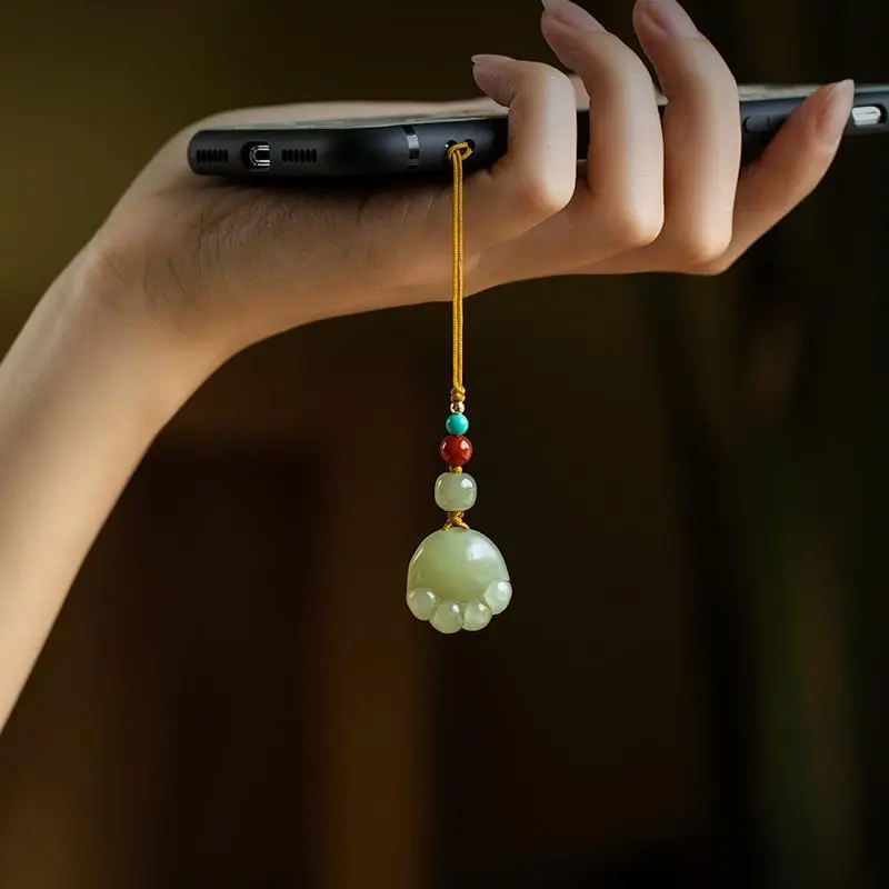 手機鏈和田玉招財貓爪掛