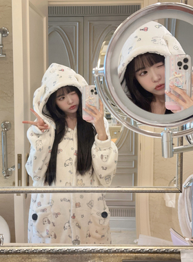日系睡衣女秋冬季加厚长袖毛绒可爱卡通印花宽松连帽家居服睡裙
