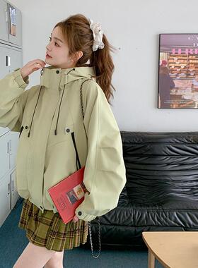 实拍糖果色连帽冲锋衣外套女春季新款超好看宽松工装风衣派克服
