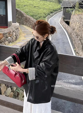立领中长款撞色格子皮衣女欧洲站2026年春季新款韩版时尚显瘦夹克