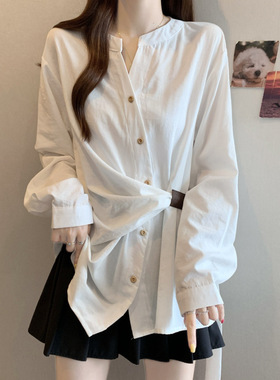 高级感老钱风V领正肩长袖衬衫女秋新款大码胖mm绑带收腰上衣A6835