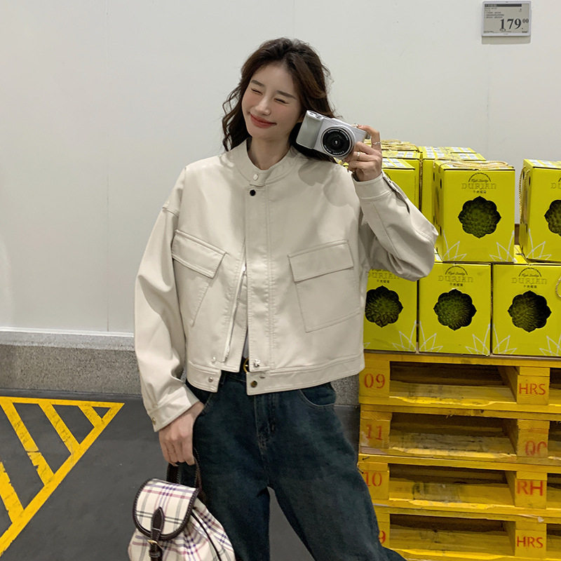 实拍白色PU皮衣外套女短款2026春装新款宽松小个子洋气机车夹克
