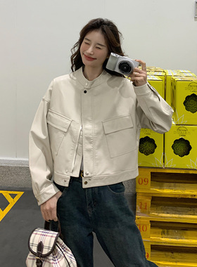 实拍白色PU皮衣外套女短款2026春装新款宽松小个子洋气机车夹克