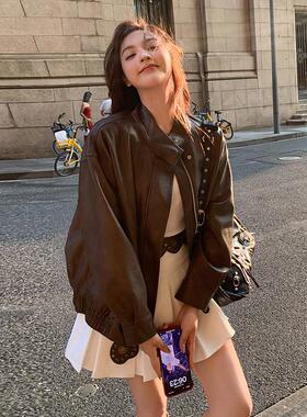 实拍棕色皮衣外套女短款2026新款美拉德酷飒高级感小个子pu皮夹克