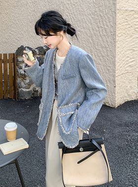 实拍流苏蓝色小香风西装外套女春2026新款气质西服小个子爆款