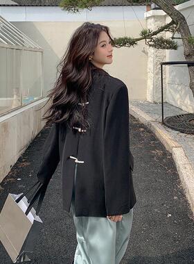实拍新中式国风后背开叉黑色西装外套女2026春新款设计感西服上衣